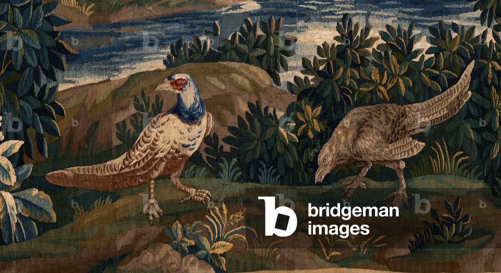 arazzo fiammingo. Così chiamato Verdure (Landschap met water, bomen en fazanten). Atelier di Oudenaarde. 277x2