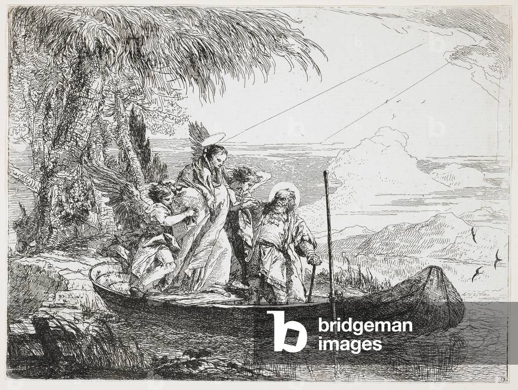 : The Holy Family Entering the Boat from The Flight into Egypt 1750-1753 by Giandomenico Tiepolo, b/w
