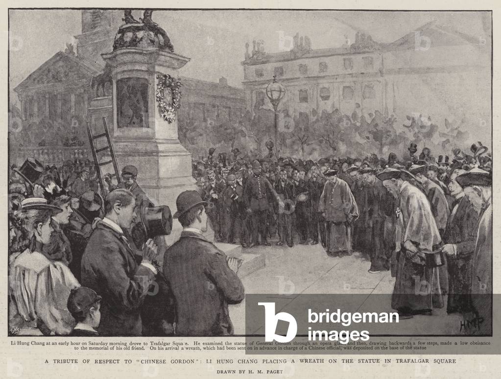 A Tribute of Respect to "Chinese Gordon", Li Hung Chang placing a Wreath on the Statue in Trafalgar Square (en