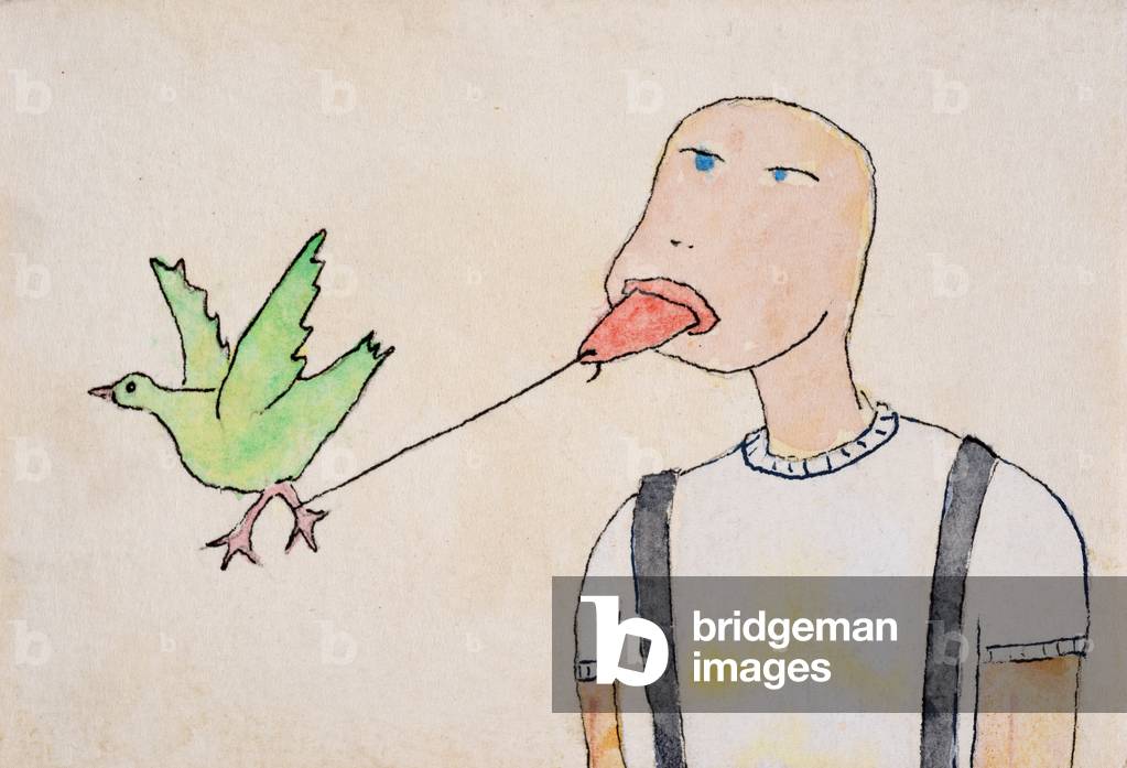 Uomo con uccello, 2000, (acquerello su carta)