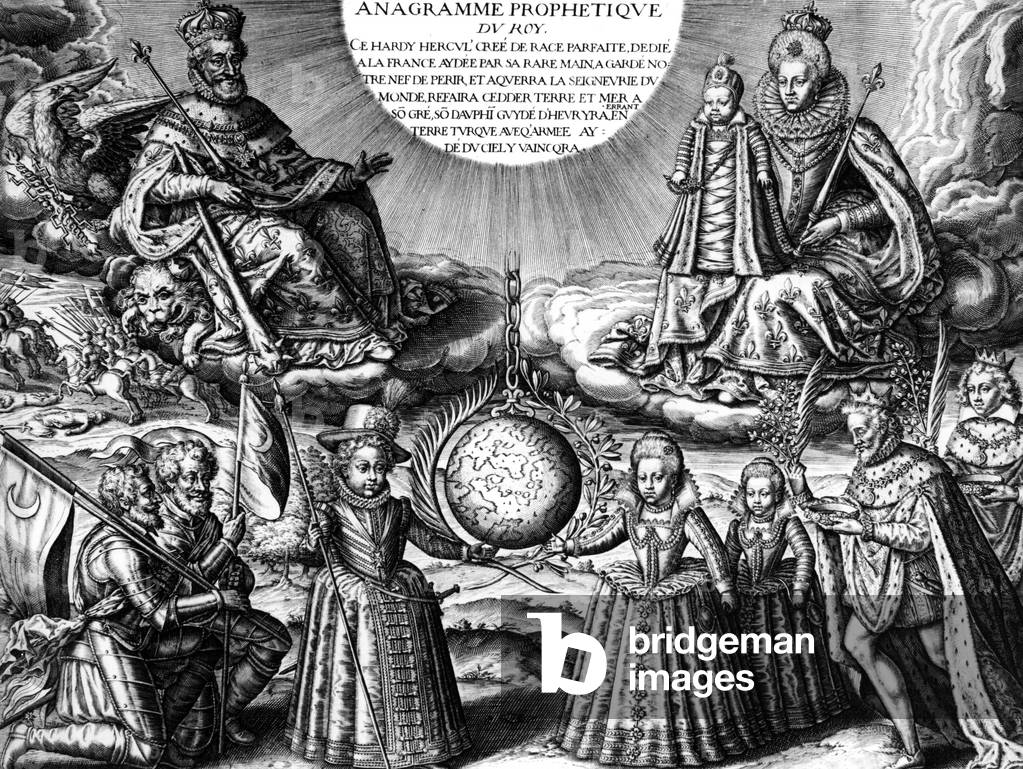 French royal family in 1607 (propaganda) : French king Henri IV and his wife queen Marie de Medicis holding th