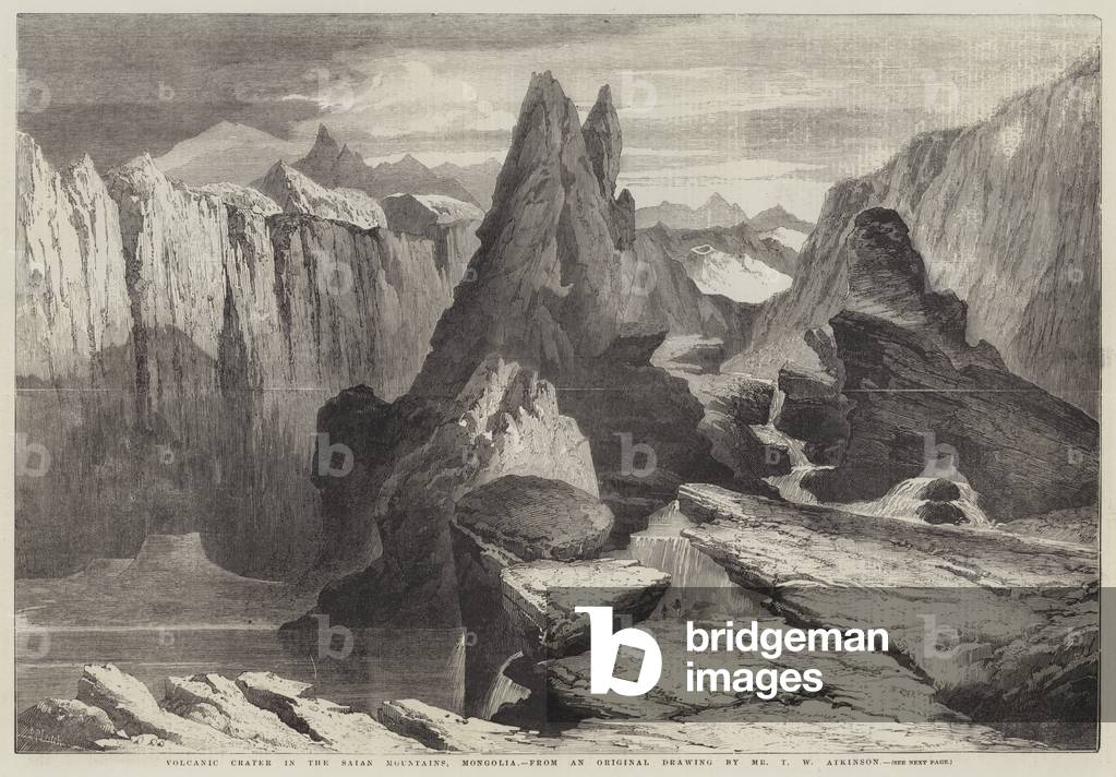 Cratere vulcanico nelle montagne Saian, Mongolia (incisione)
