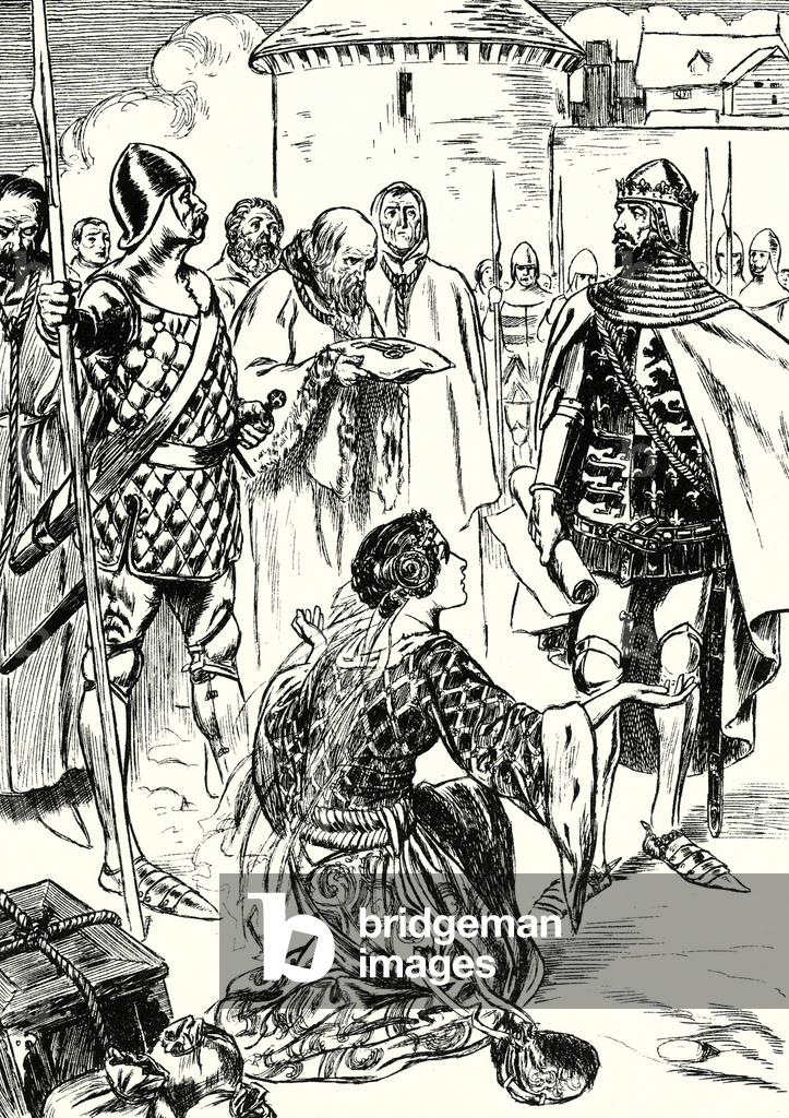 Image of Print depicting Queen Philippa pleads for the men of Calais (litho) 1901 by Thomas Heath Robinson