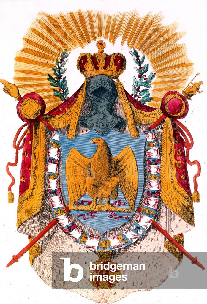 Armi imperiali dell'imperatore francese Napoleone 1 ° con aquila, 1804, incisione