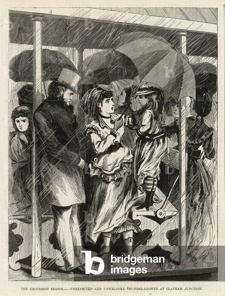 Unexpected and unwelcome thunder-shower at Clapham Junction (engraving)