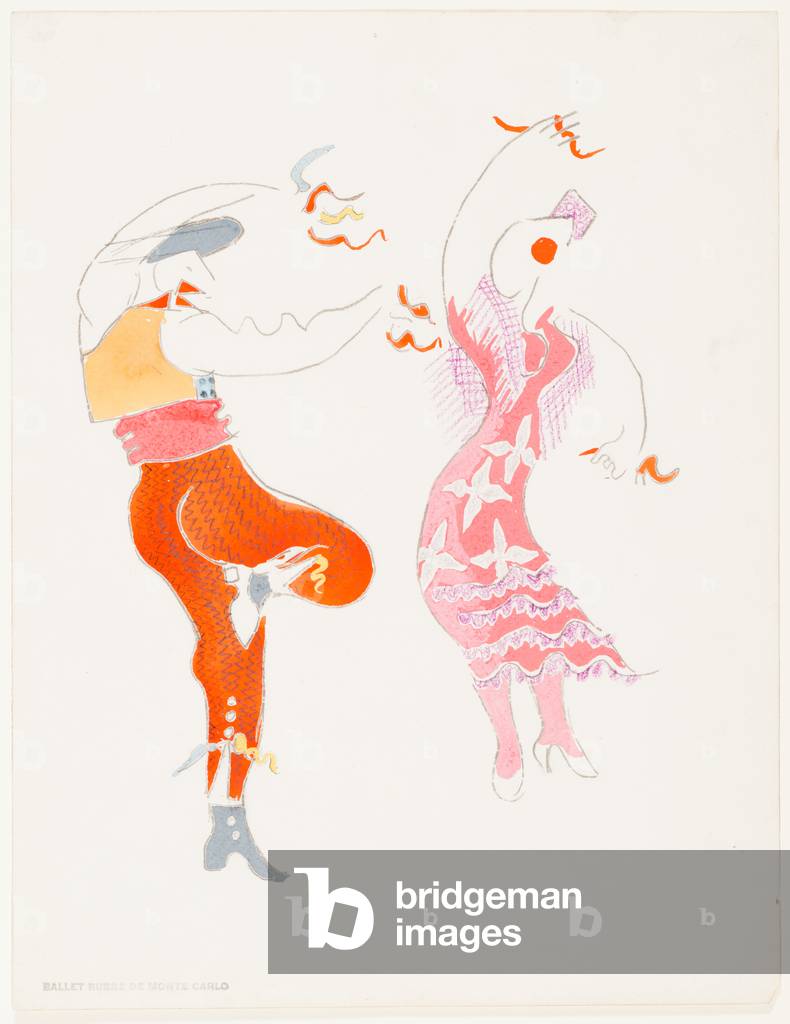 Unverheiratete Frau und Dorfjugend aus dem Ballett „The Cuckold's Fair“, um 1943 (Bleistift, Gouache und Farbs