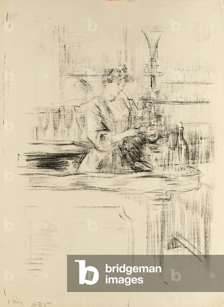 Frau arbeitet an einer Bar, Ende 1890er Jahre (Litho)