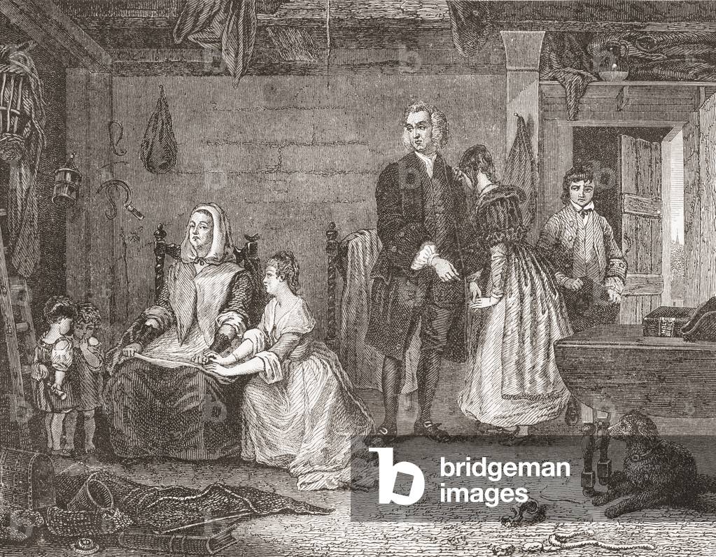 Der Vikar von Wakefield versöhnt seine Frau mit Olivia, nach dem Gemälde von Gilbert Stuart Newton. Aus Histoi