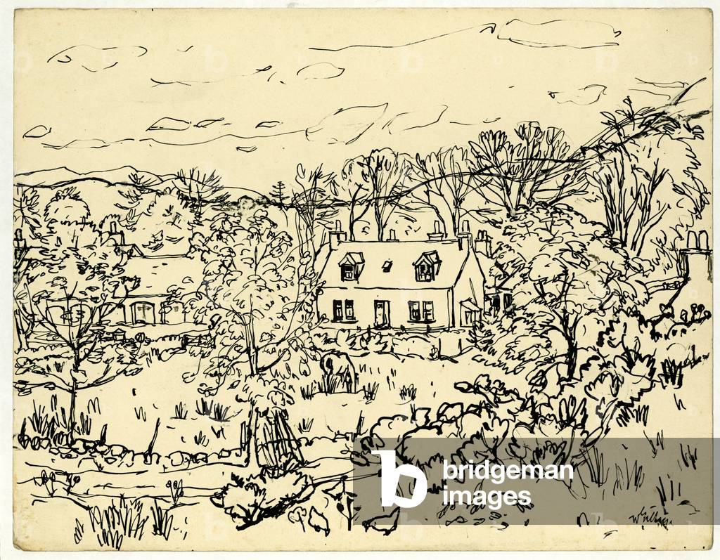 Immagine di Disegno "Paesaggio con cottage e cavallo nel paddock (penna e inchiostro su carta)" di William Geo