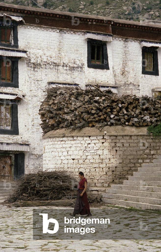 Monaco tibetano che cammina davanti alla fornitura di legna da ardere per la cucina del monastero di Drepung, 