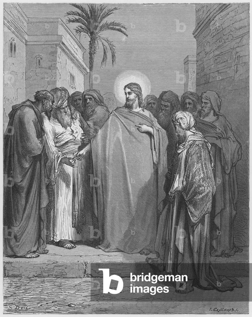 Bild von Gravur "Gustave Dore Bibel: Christus und das Tribut Geld (Gravur)" von Gustave Dore, b/w