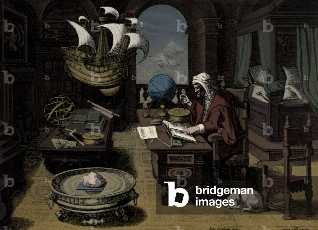 Immagine di Incisione "Astronomo e cosmografo medievale nel suo studio" 1911 di Jan van der Straet