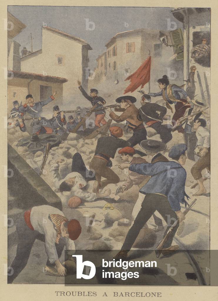 Troubles in Barcelona (colour litho) by Paul Thiriat