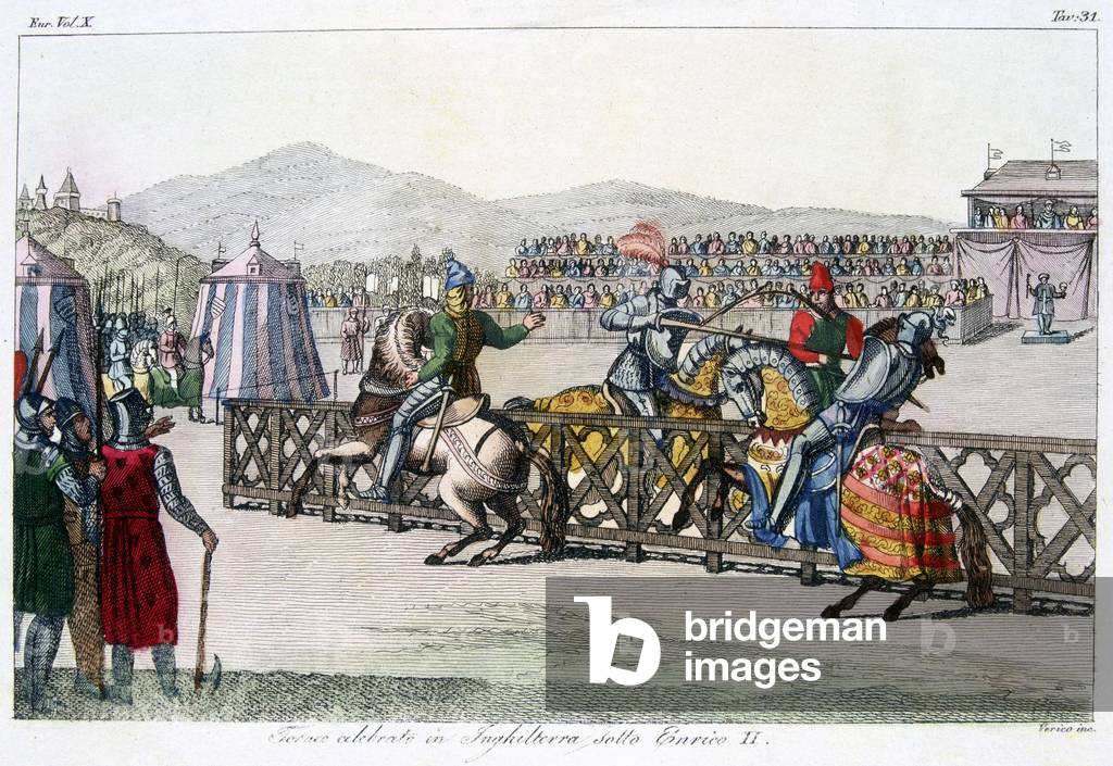 Cavalieri giostre in un torneo: Inghilterra durante il tempo di Enrico II (1154-1189). Inizio XIX secolo (inci