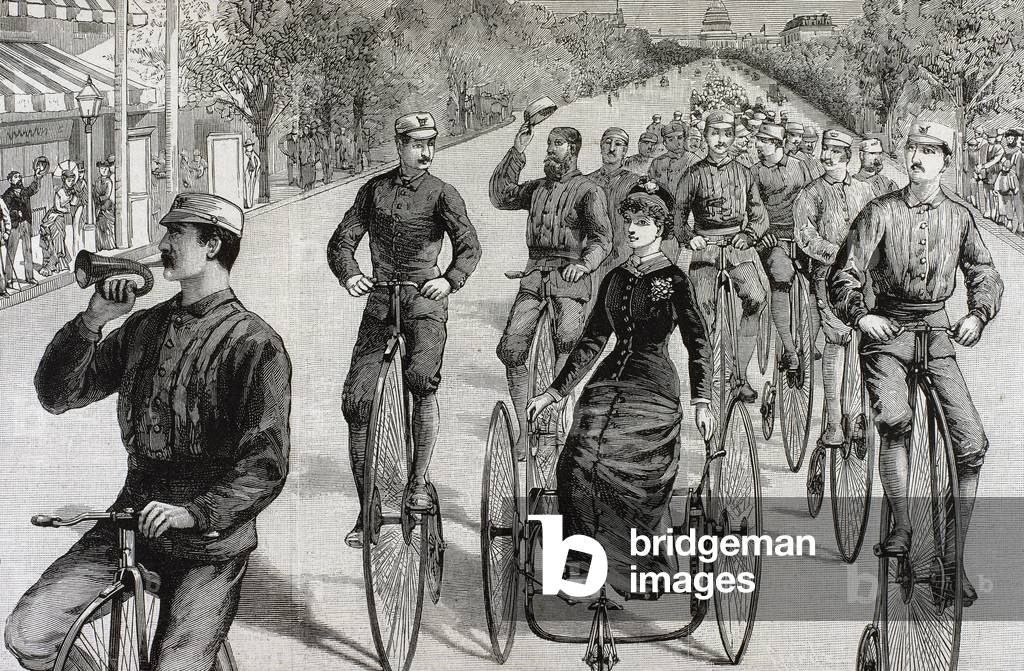 "Cicli della American League in Pennsylvania Avenue. Metà maggio 1884. Washington. Stati Uniti. Incisione.", b