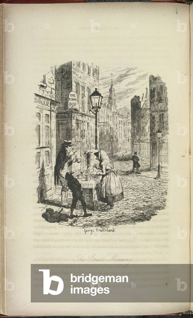 Serving tea from a stand in the street, b/w