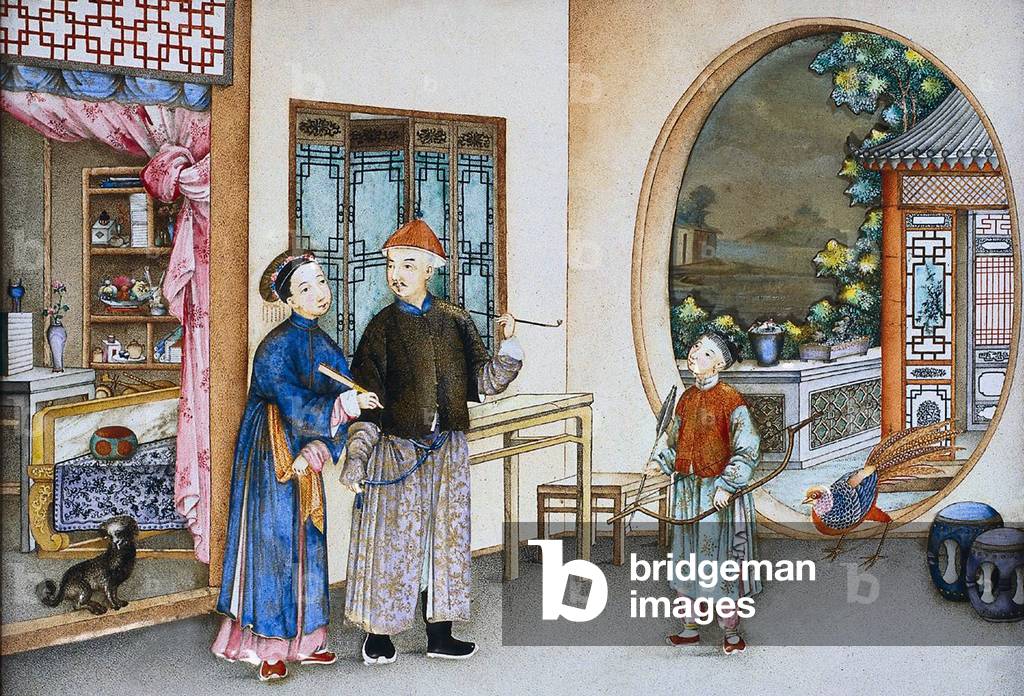 China: Ein typischer chinesischer Haushalt während der Qing-Dynastie des späten 18. Jahrhunderts.