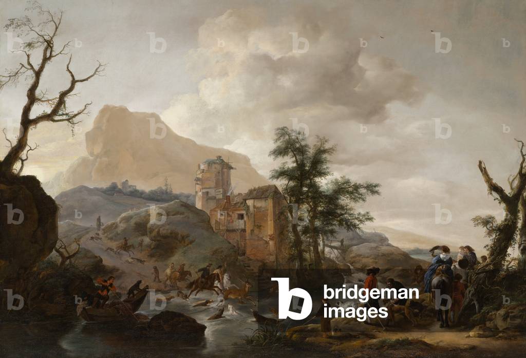 cervo caccia contro un fiume, c. 1650-1655 (olio su tela)