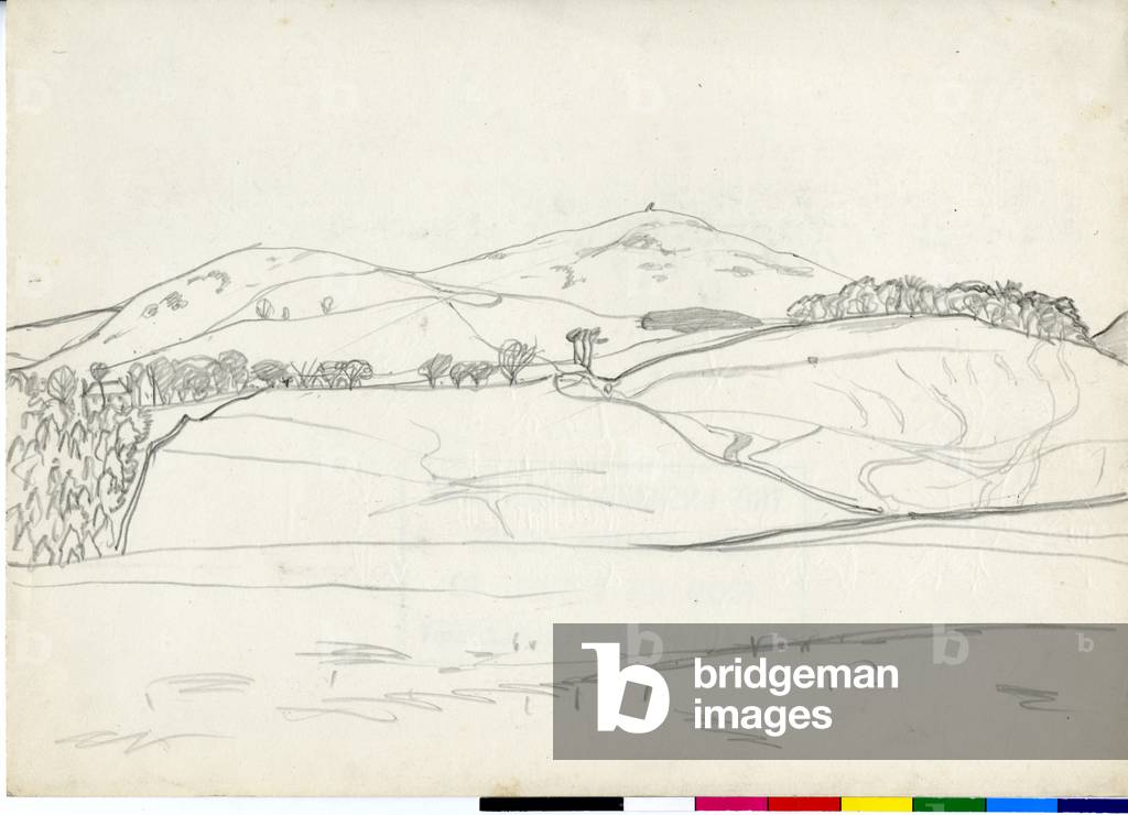 Landschaft mit Steinhaufen auf einem Hügel - Skizze