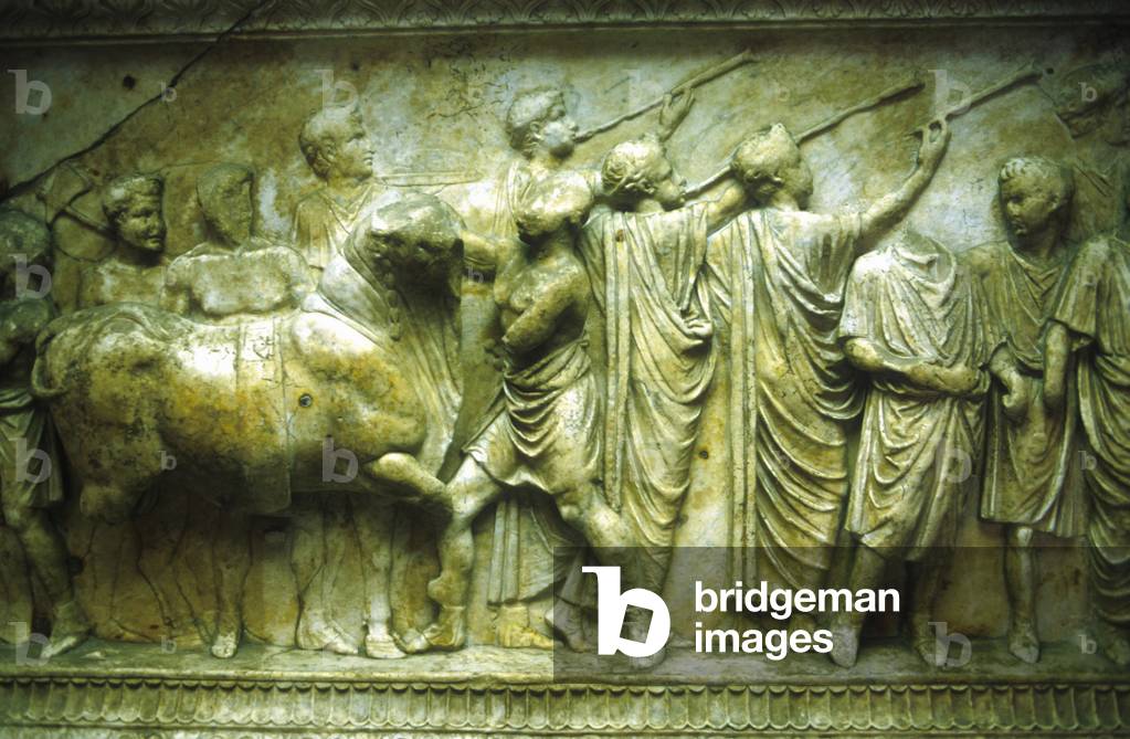 Image of Sacrificial procession of a bull. Bull preceded by trumpeters ...