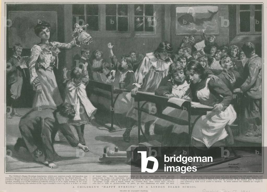 Bild von Druck "Ein glücklicher Kinderabend in einer London Board School (litho)" von Clement Flower