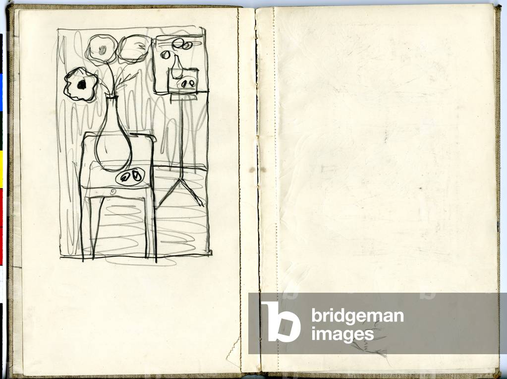 Sketchbook comprising 2 leaves with tree study and composition, with ARP and Fire Guard accounts on inner fron