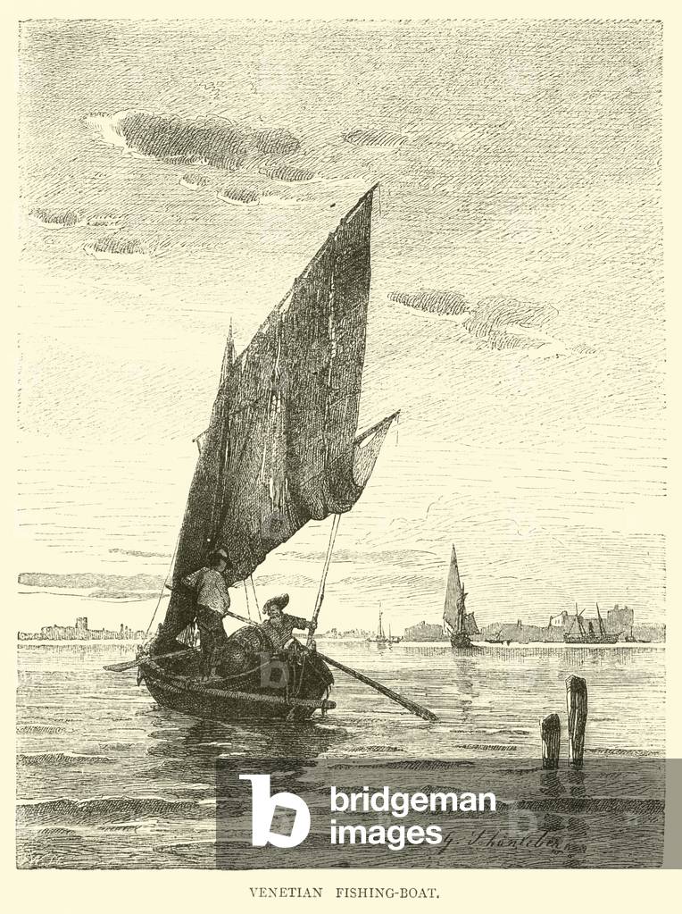 "Barca da pesca veneziana (incisione)" di English School, b/w