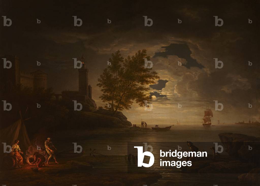 Seapiece da chiaro di luna con pescatore