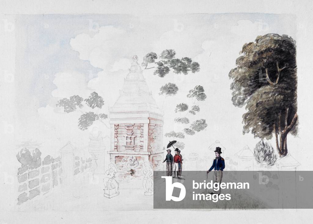 A small temple in E. Java; two European officers examining it