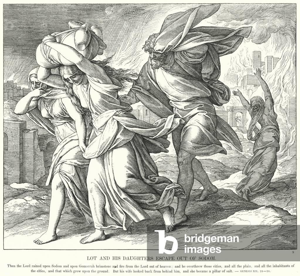 Lot e le sue figlie fuggono da Sodoma, 1880 circa (incisione)