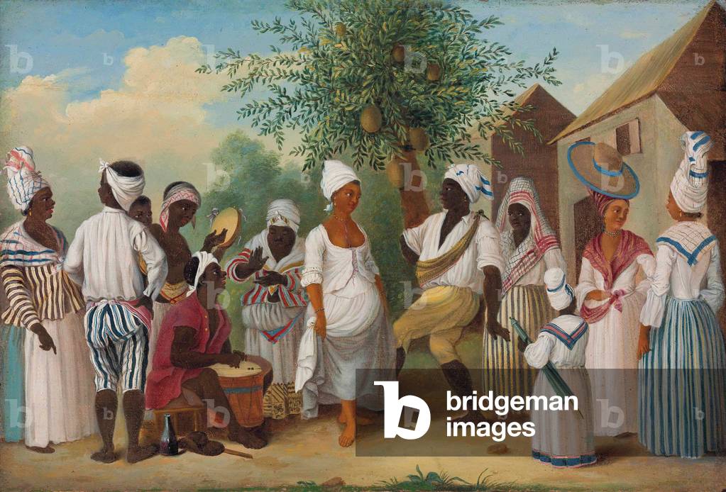 Persone di colore che ballano nell'isola di Dominica (olio su pannello)