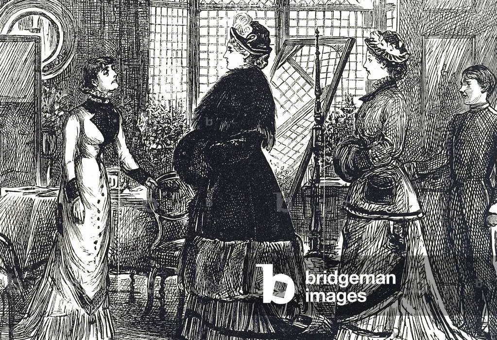 Engraving depicting a visitor to the dressmaker