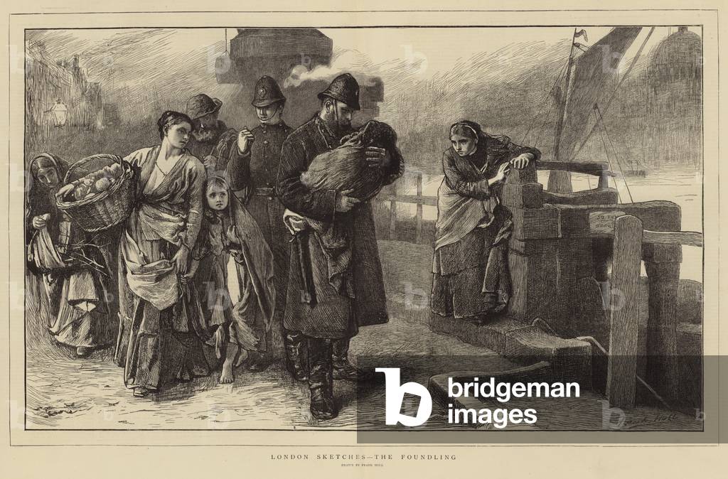 London Sketches - The Foundling (engraving) by Frank Holl, b/w