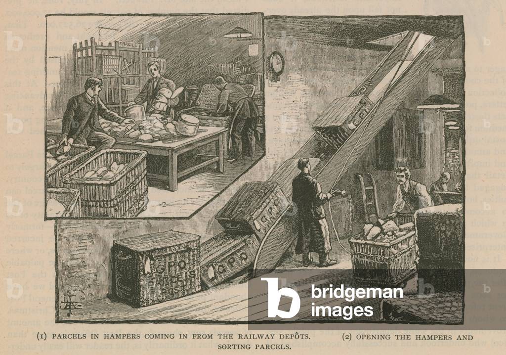 Parcels in hampers coming in from the railway depots (engraving) by English Artist, b/w