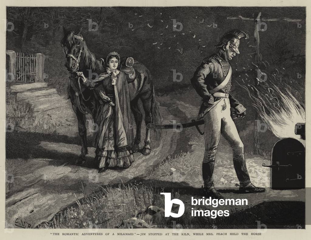 „The Romantic Adventures of a Milchmaid“, Jim hielt am Ofen, während Frau Peach hielt das Pferd (Gravur)