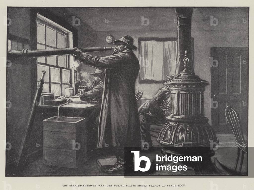 La guerre hispano-américaine, la station de signal des États-Unis à Sandy Hook (litho)