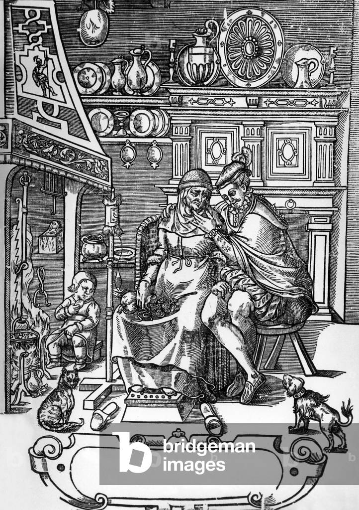 "Il giovane e la vecchia incisione in legno intorno al 1570 XVI secolo", b/w