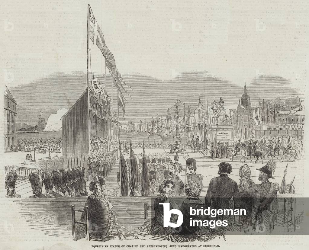 "Statua equestre di Carlo XIV (Bernadotte) appena inaugurata a Stoccolma (incisione)" 1854 di English School