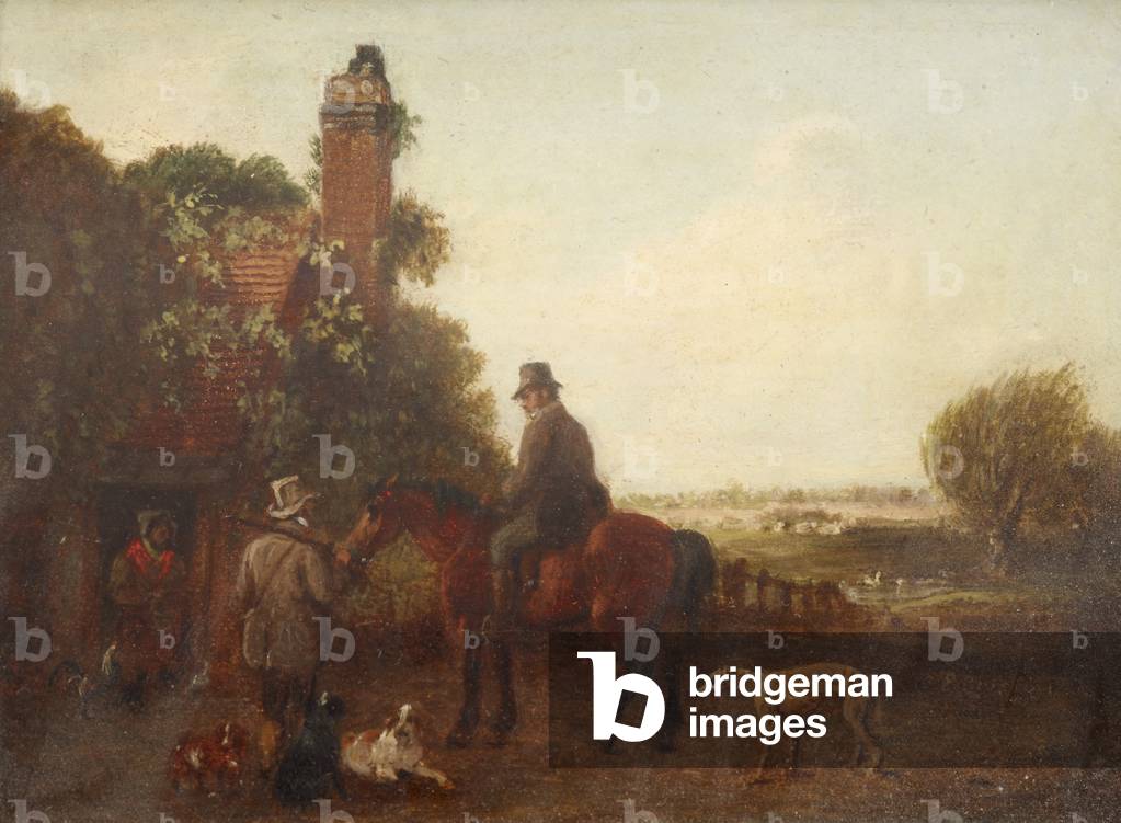 due sportivi, uno di loro montato, con cani, al di fuori di un cottage