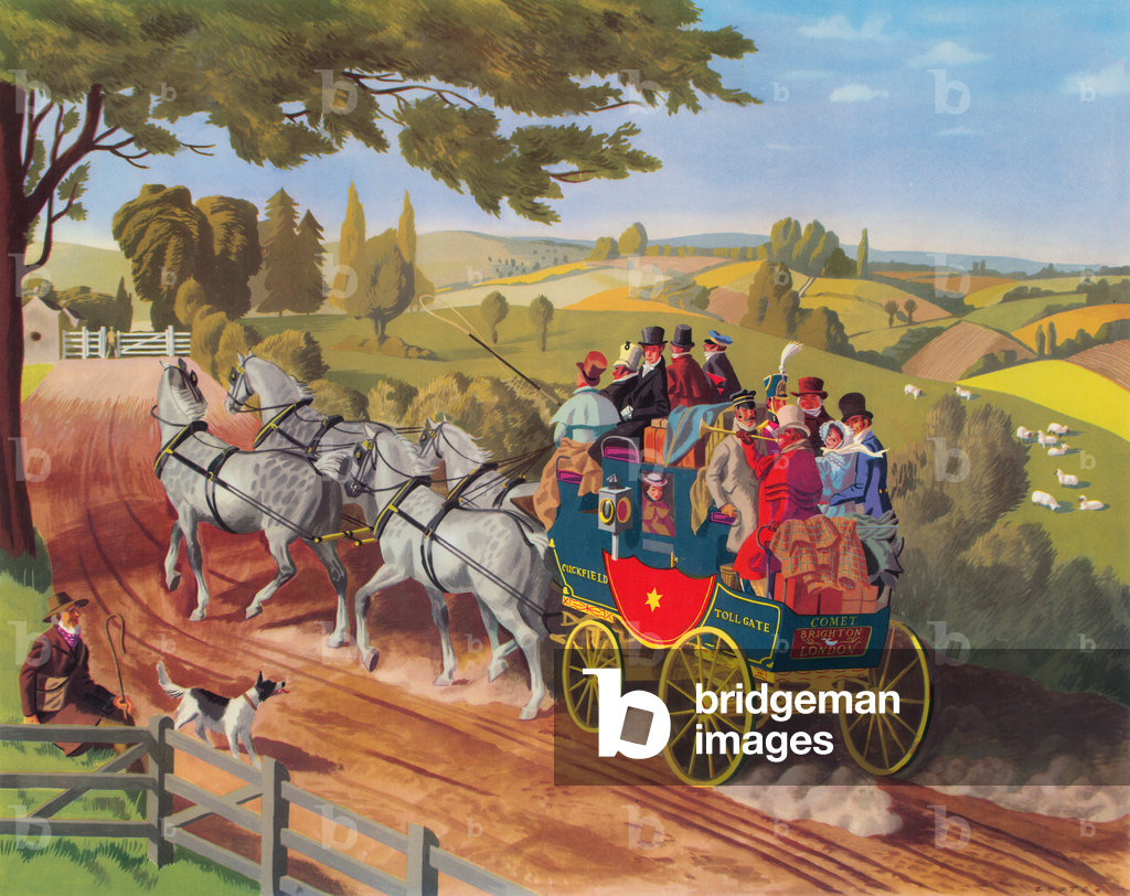 Image of Print depicting A Stage Coach and Turnpike 18th Century (colour litho) 1901 by Lewis Frederick Lupton