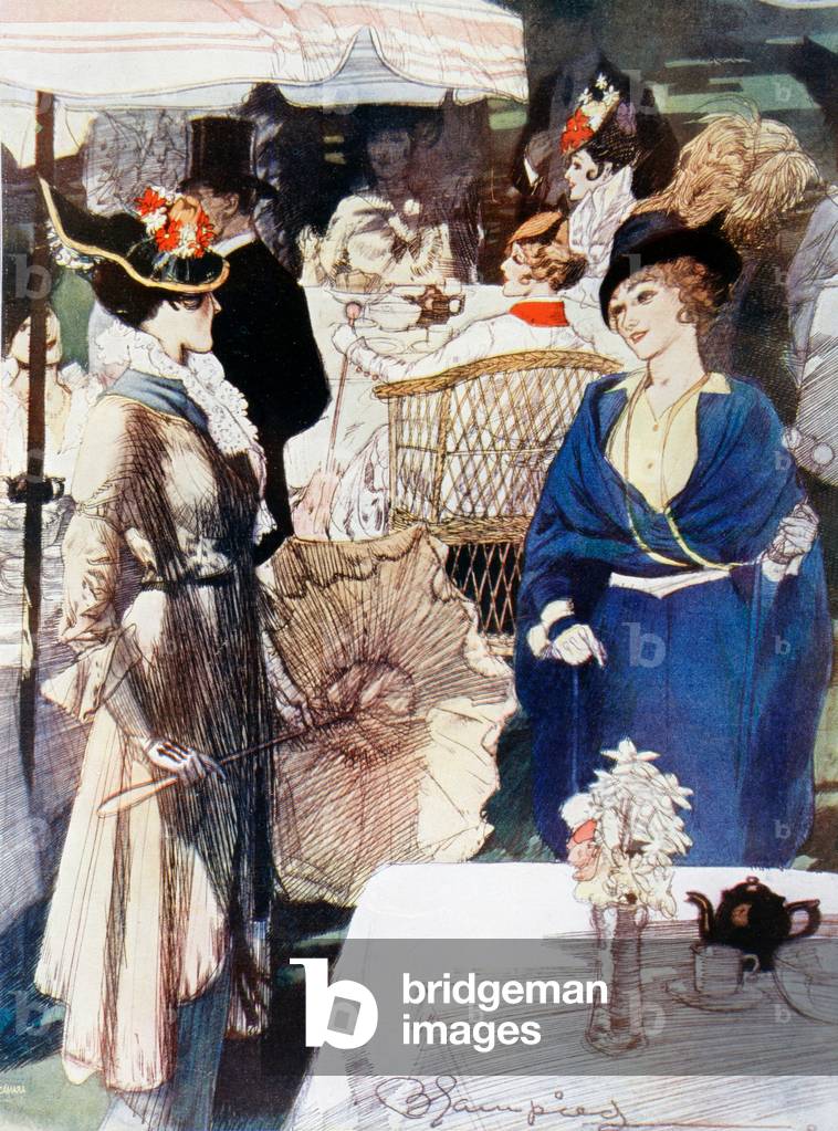 Tè pomeridiano nei Giardini di Kensington, Londra, Inghilterra, nei primi anni del XX secolo.  Dopo un disegno