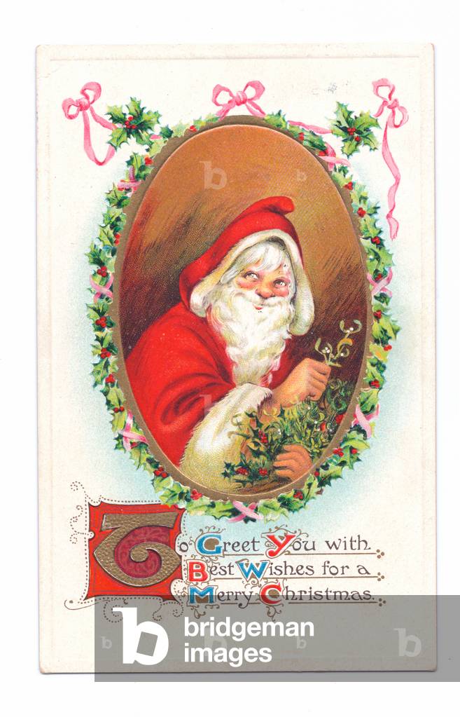 Cartolina di Natale edoardiano di Babbo Natale con rametti di agrifoglio, c.1910 (colore lito)