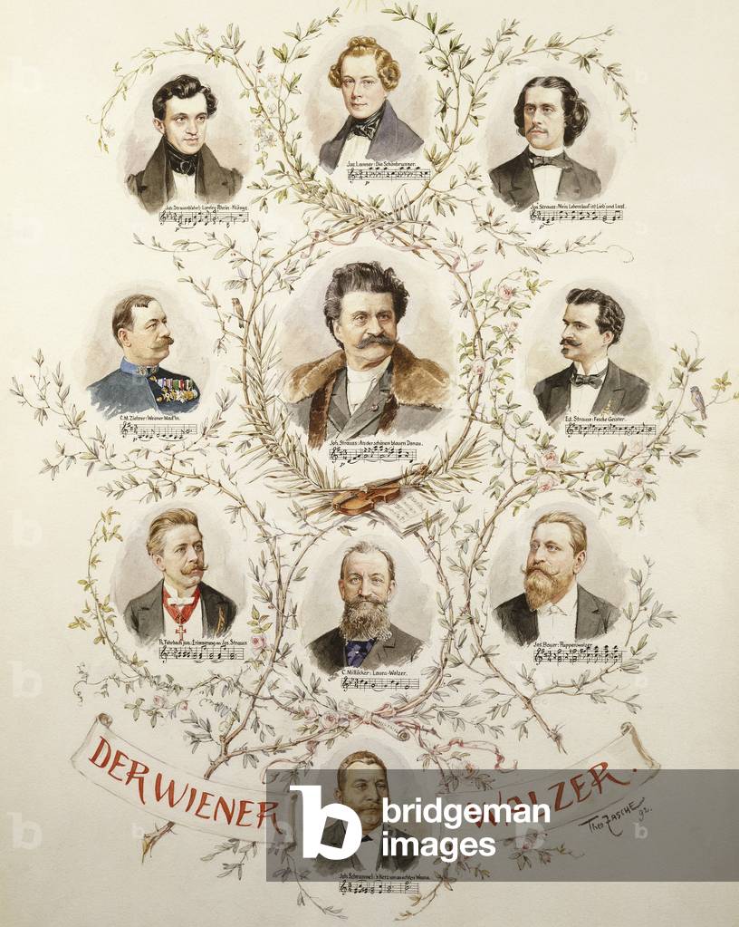 Portrait of main representatives of Viennese Waltz, Printing from drawing by Theo Zasche (1862-1922)