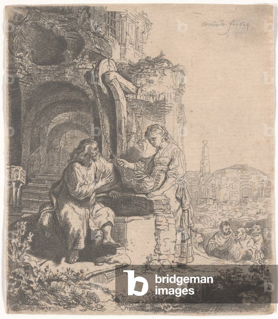 Christ and the woman of Samaria among ruins by Rembrandt Harmensz. van Rijn, b/w