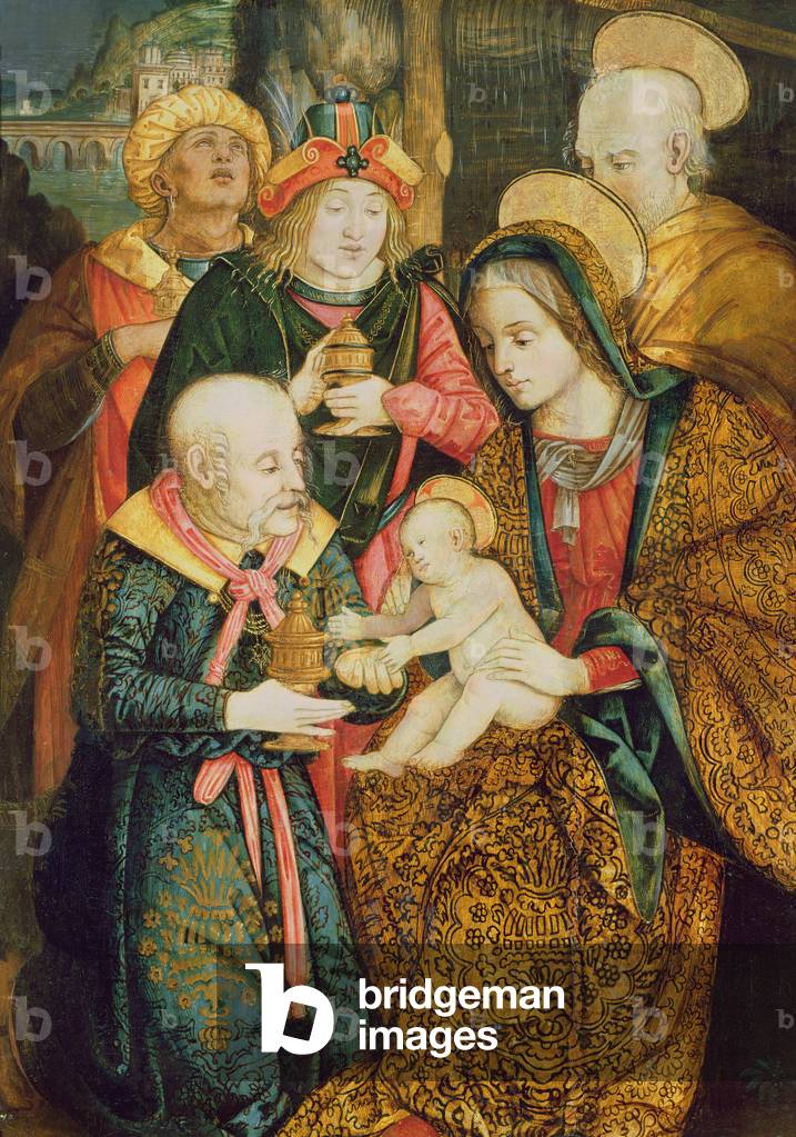 La Sacra Famiglia e il Tre Magi (olio su tavola)