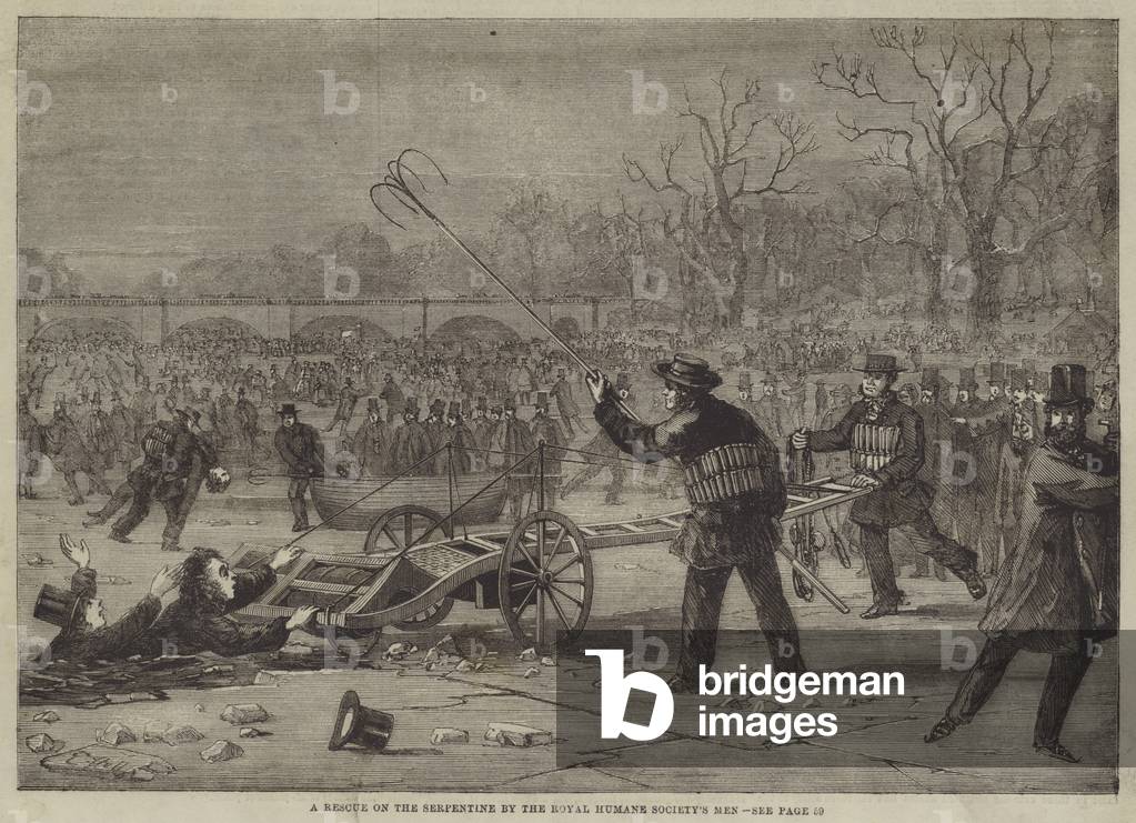 "Un salvataggio sul Serpentine degli uomini della Royal Humane Society (incisione)" di Edward Hull, b/w