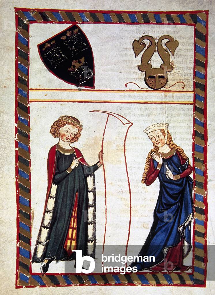 Meinloch von Sevelingen, ministeriale svevo (XII secolo), lesse un versetto della pergamena alla signora che a