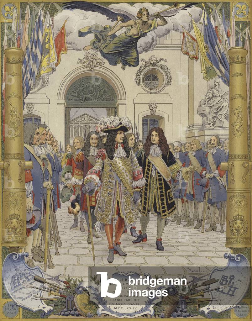 King Louis XIV and the opening of L'Hotel Royal Des Invalides (colour litho) by Maurice Leloir
