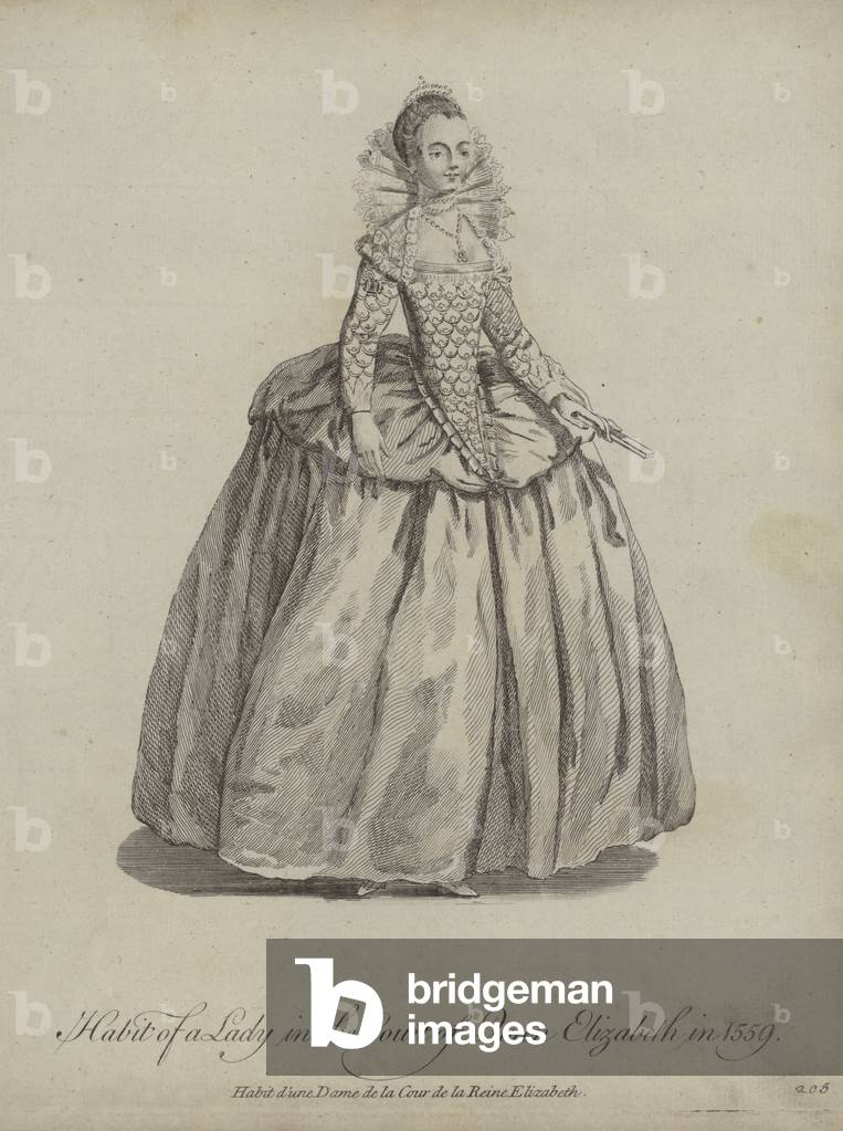 "Abitudine di una signora nella corte della regina Elisabetta nel 1559 (incisione)" di English School, b/w