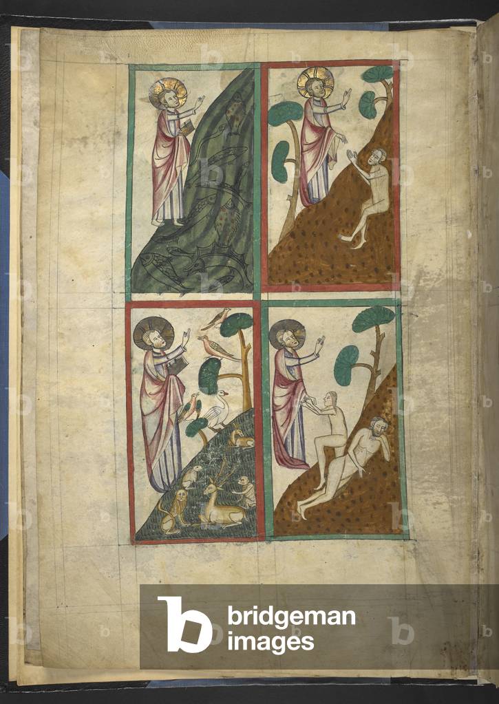 Miniatura di quattro scene della Creazione: 1. Dio che crea il pesce; 2. Dio che crea gli animali; 3. la creaz